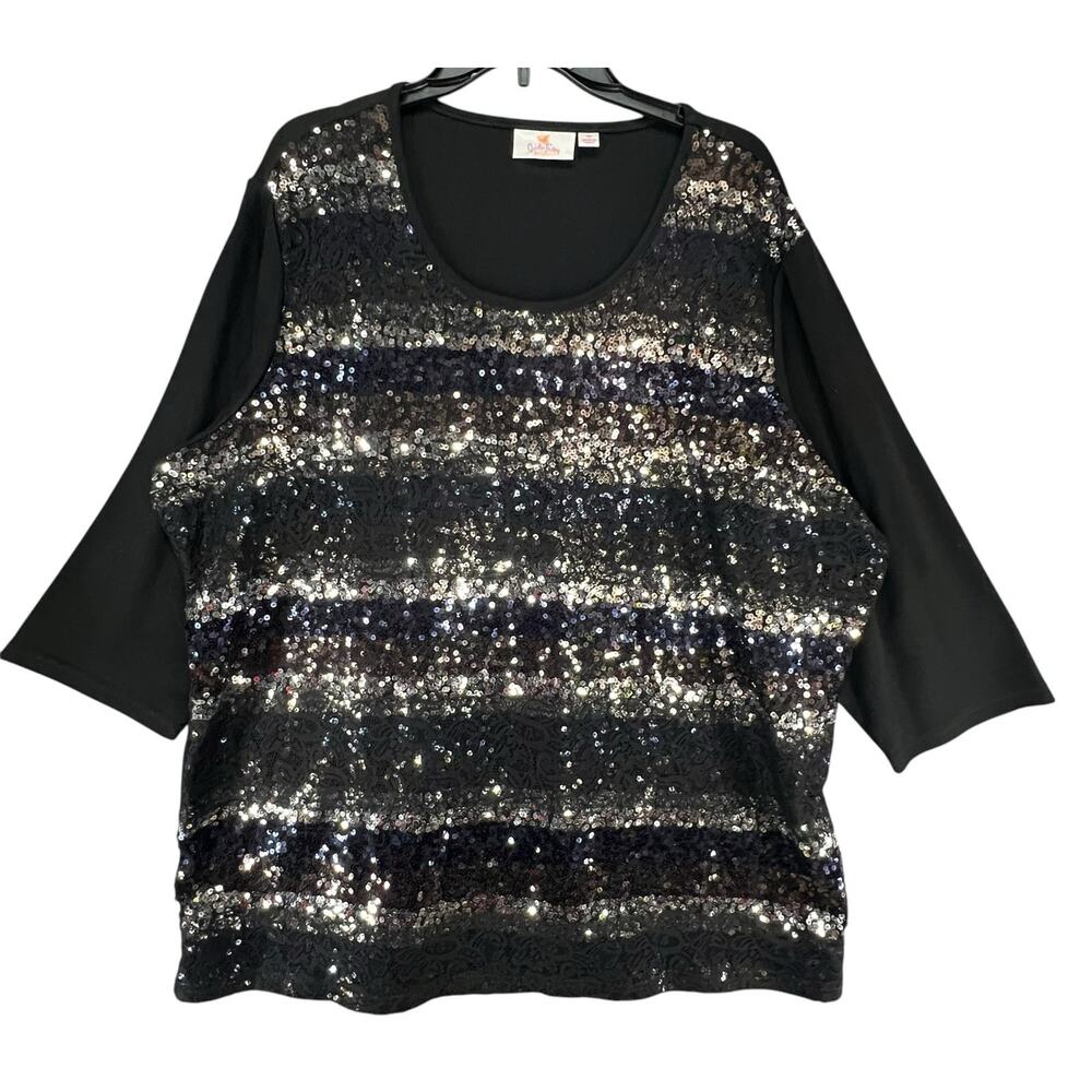 Quacker Factory Shirt Womens 3XL Black Sequin Bling 3/4 Sleeve Relaxed Top Party